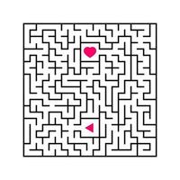 Abstract square maze. An interesting and useful game for children. Find the path from arrow to heart. Simple flat vector illustration isolated on white background.