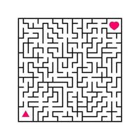 Abstract square maze. An interesting and useful game for children. Find the path from arrow to heart. Simple flat vector illustration isolated on white background.