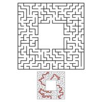 Black square maze with entrance and exit. An interesting and useful game for children. Simple flat vector illustration isolated on white background. With a place for your drawings. With the answer.