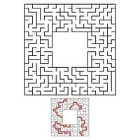 Black square maze with entrance and exit. An interesting and useful game for children. Simple flat vector illustration isolated on white background. With a place for your drawings. With the answer.