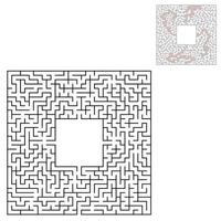 Black square maze with entrance and exit. An interesting and useful game for children. Simple flat vector illustration isolated on white background. With a place for your drawings. With the answer.