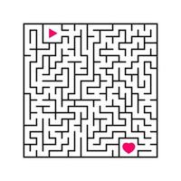 Abstract square maze. An interesting and useful game for children. Find the path from arrow to heart. Simple flat vector illustration isolated on white background.