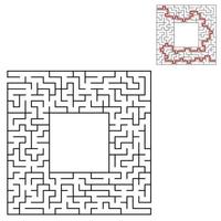 Black square maze with entrance and exit. An interesting and useful game for children. Simple flat vector illustration isolated on white background. With a place for your drawings. With the answer.