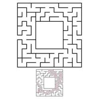 Black square maze with entrance and exit. An interesting and useful game for children. Simple flat vector illustration isolated on white background. With a place for your drawings. With the answer.