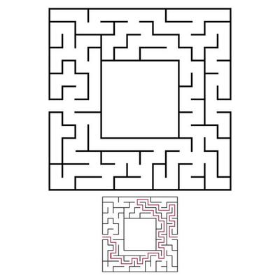 Black square maze with entrance and exit. An interesting and useful game for children. Simple flat vector illustration isolated on white background. With a place for your drawings. With the answer.