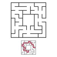 Black square maze with entrance and exit. An interesting and useful game for children. Simple flat vector illustration isolated on white background. With a place for your drawings. With the answer.