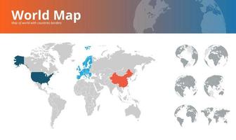 Mapa mundial con fronteras de países y globos terráqueos que muestran todos los continentes. vector