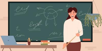 Smiling female schoolteacher stands at the blackboard vector