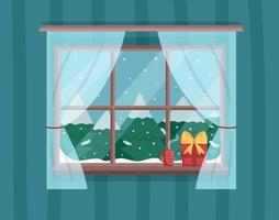 Winter window view with snowy christmas trees vector