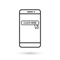 Mobile phone flat design icon with click here sign. vector