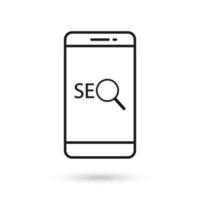 Mobile phone flat design icon with SEO, search engine optimization algorithm sign. vector