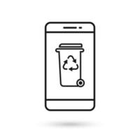 icono de diseño plano de teléfono móvil con bote de basura sobre ruedas con signo de símbolo de reciclaje. vector