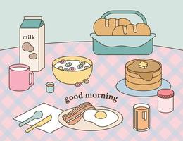 breakfast table. Food is placed on a table lined with a checkered mat. vector