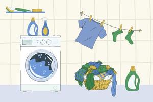Illustration of a laundry room. Cartoon washing machine. A basket with dirty laundry. T-shirt, socks are clean, dry. A product for a laundry room or service. Vector illustration