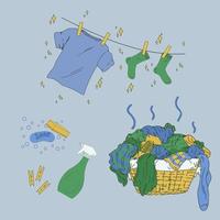 A set of pictures for the Laundry. Cartoon Basket with dirty laundry.  T-shirt, clean socks. Powders, detergents, sponges. Vector illustration for  a laundry service. Vector illustration 3573596 Vector Art at Vecteezy
