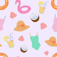 Seamless pattern of summer beach elements on pink background. vector