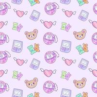 Seamless pattern with retro 90s girl toys, game console and cute bears vector