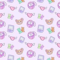 Seamless pattern with retro 90s girl toys, game console and cute bears vector