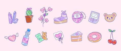 Cute 90s aesthetic girl stuff set. Isolated Japanese kawaii icons. Vector illustration EPS 10