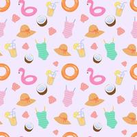 Seamless pattern of summer beach elements on pink background. vector