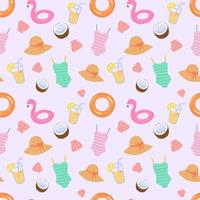 Seamless pattern of summer beach elements on pink background. vector