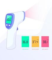 Pistola termómetro de temperatura infrarroja sin contacto para la frente con estándares de rango de temperatura. vector