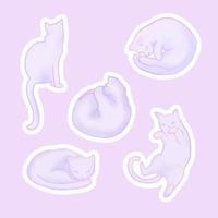 conjunto de pegatinas de gatos pastel lindos suaves sobre fondo púrpura. vector eps 10