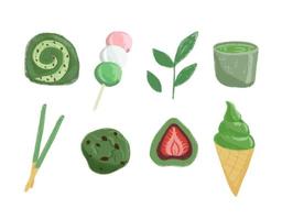 Set of isolated matcha japanese sweets, different tasty desserts. Green tea products made from matcha. vector