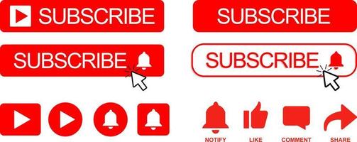 Set of red subscribe buttons with bell and cursor vector