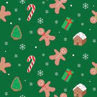 Seamless pattern of gingerbread man and house with snowflakes and candy cane and present box on green background vector