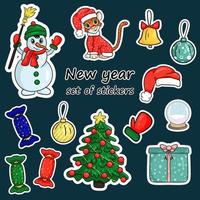 Set of Christmas stickers, tiger, Chinese New Year symbol, snowman, Christmas tree, gifts. Merry Christmas and Happy New Year. Vector illustration  cartoon style