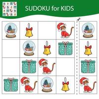 Sudoku game for kids with pictures. Merry Christmas and Happy New Year. The tiger is a symbol of the Chinese New Year with Christmas elements. Vector. vector