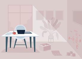 Working parent room flat color vector illustration. Messy space for remotely employed mother, father. Home with table and childs drawings. Household 2D cartoon interior with furniture on background