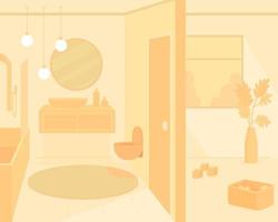 Ilustración de vector de color plano de baño monocromo naranja. Mobiliario moderno en baño de casa. Espacio comfrotable del apartamento. Interior de dibujos animados 2d del hogar con muebles modernos en el fondo