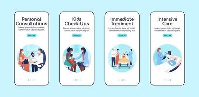 Hospital treatment onboarding mobile app screen flat vector template. Walkthrough website 4 steps with characters. Creative UX, UI, GUI smartphone cartoon interface, case prints set