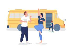 Parents send kid to school semi flat color vector characters. Full body happy people on white. Family members isolated modern cartoon style illustration for graphic design and animation