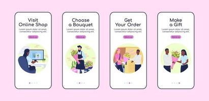 Order flowers onboarding mobile app screen flat vector template. Walkthrough website 4 steps with characters. Creative floral shop UX, UI, GUI smartphone cartoon interface, case prints set