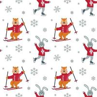 Winter seamless patter with skating hare, skiing chipmunk and snowflakes. Christmas design. Vector illustration.