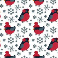 Winter seamless patter with bullfinch and snowflakes. Christmas design. Vector illustration.