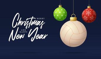 voleibol feliz navidad y próspero año nuevo tarjeta de felicitación deportiva de lujo. pelota de voleibol como una bola de navidad en el fondo. ilustración vectorial. vector