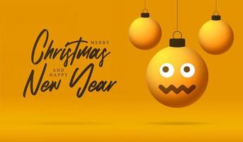 Merry Christmas card with Dizzy confused smile emoji face. Vector illustration in flat style with Xmas lettering and emotion in christmas ball hang on thread on background