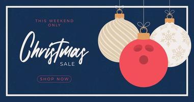 Bowling Merry Christmas sale horizontal banner. Christmas card with sport bowling ball hang on a thread on background. Flat and cartoon Vector illustration