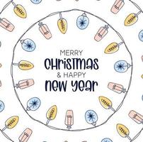 Xmas light bulbs frame, vertical circle shape. Simple but cute Christmas hand drawn frame. Vector illustration.