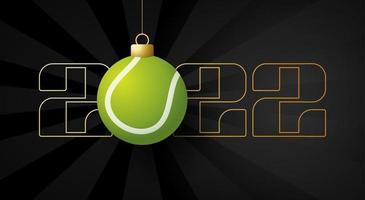 2022 Happy New Year. Sports greeting card with golden tennis ball on the luxury background. Vector illustration.