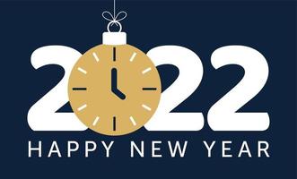 2022 happy new year vector illustration. 2022 new year with blue clock bauble ball on black background illustration in flat and cartoon style