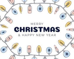 Xmas light bulbs frame, vertical circle shape. Simple but cute Christmas hand drawn frame. Vector illustration.