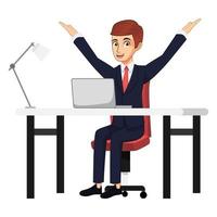 Businessman character wearing business outfit and setting on desk with laptop and lamp waving vector