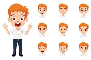 Happy cute beautiful kid boy character wearing business outfit with different emotions and facial expressions and waving vector