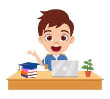 Happy cute kid boy character siting study desk studying with books and plant tree vector