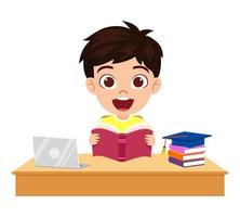 feliz, lindo, niño, niño, carácter, ubicación, estudio, escritorio, estudiar, con, libros, aislado vector